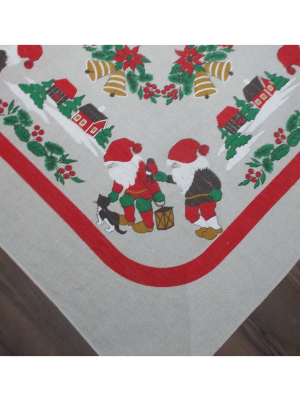 Vtg Christmas Tablecloth Elves Bells Poinsettias Linen, 23.5 in. Square - Picture 5 of 8